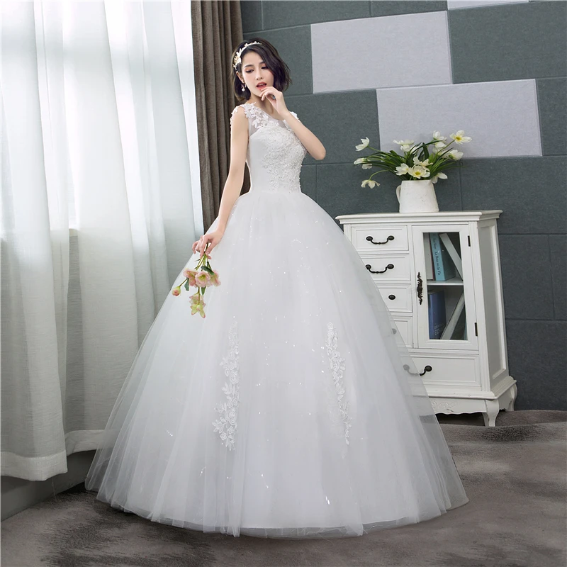 Hot Sale Korean More Pearls Appliques Lace Ball Gown Cheap Wedding Dress 2022 New Fashion Sweet O-Neck Summer Estidos De Noivas