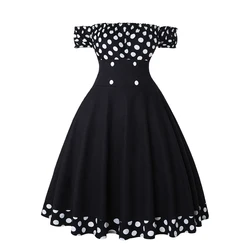 Polka Dot Print Button A Line Pin Up Dress Women Summer Off Shoulder Vintage Rockabilly Skater Party Dresses Sexy Robe Vestidos