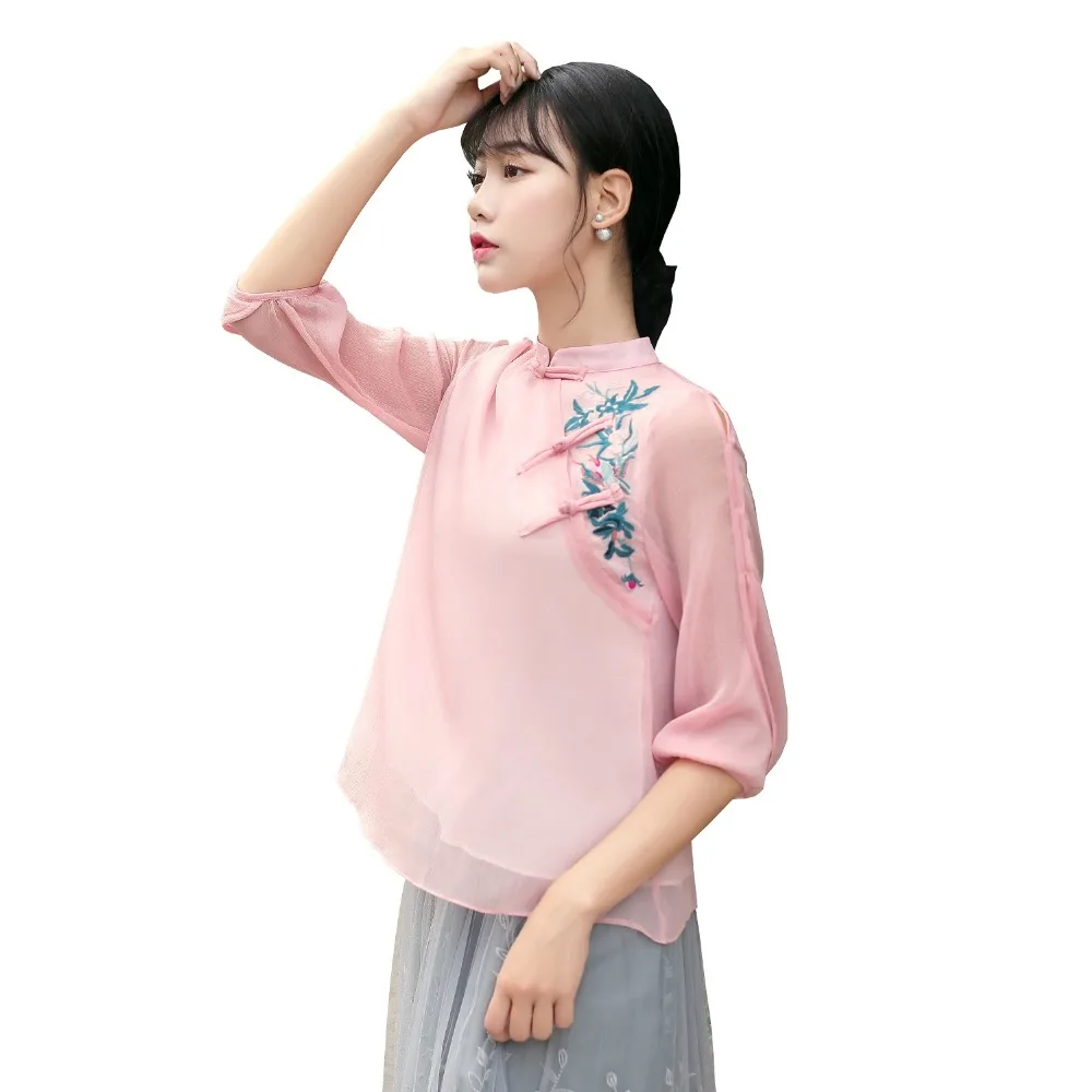 Shanghai Story New Arrival mandarin collar traditional Chinese tops Hanfu cheongsam Shirt 3/4 Sleeve chinese Blouses for women