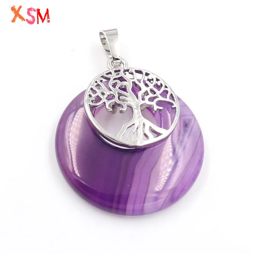 xinshangmie Fashion Style Natural Amethysts Opal Stone etc Round Hollow Pendant Tree of life Reiki Healing Charms Women Jewelry