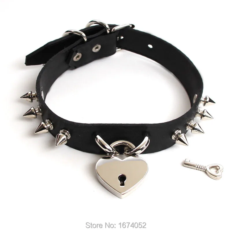 Cool Sexy Punk Gothic Handmade Spikes Studded Love heart Choker Lock Lockable Key Collar Necklace