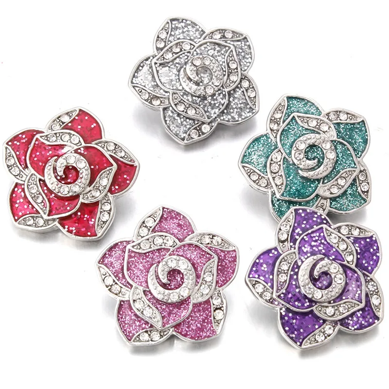 10PCS New Snap Jewelry Rhinestone Flower For Women Antique Silver Color 18mm Alloy Buttons Jewelry Fit DIY Snap Bracelet ZA1026