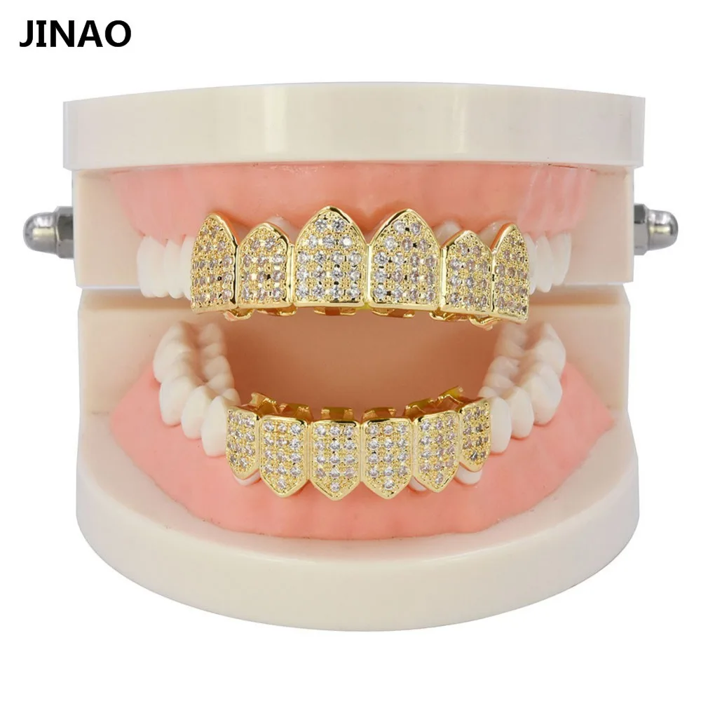 JINAO Hip Hop Teeth Grillz Pure Gold Color Plated Micro Pave CZ Stones Top & Bottom GRILLZ Mouth Teeth Grills Sets Ship From US