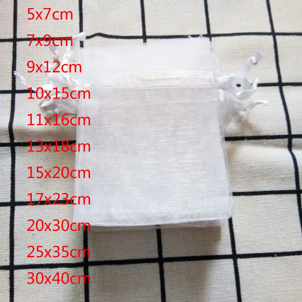 Hot 100 Pcs/lot White Organza Bags 7x9 9x12 10x15 13x18 15x20 cm Wedding Gift Packaging Drawstring Bags&Jewelry Pouches 2019 NEW