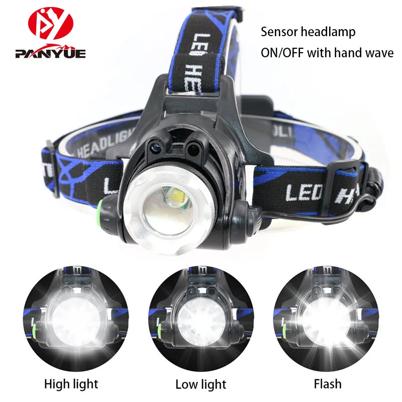 PANYUE Camping Waterproof Running Head Lamp Light Sensor Headlamp XML T6 18650 USB Rechargeable High Power Headlamp Headlight