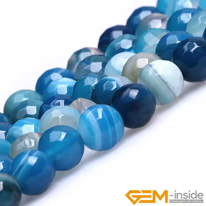 Round Blue Banded Stripe Agates Round Loose Beads For Jewelry Making Strand 15\