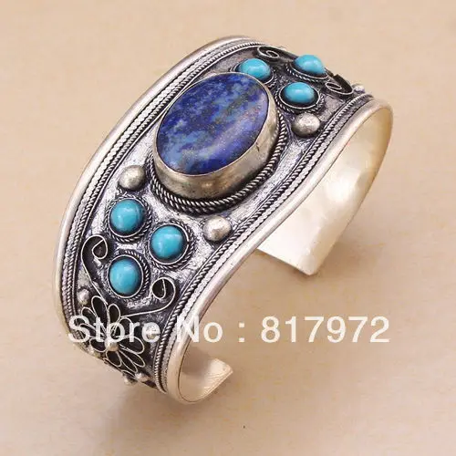 

Old Tibetan silver bling inlay blue lapis lazuli bead cuff bracelet Adjustable Party Gift Style