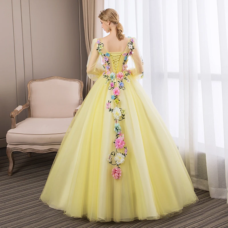 Trajes De Quinceaneras 2022 Nieuwe Gele V-hals Lange Mouwen Jurken Kant Bloem Plus Size Custom Made Prom Gown L