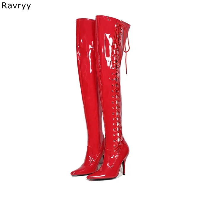 

Cross-tied Woman red long boots Pole dance Model Show Fun Club Party Female Shoes Pointed Toe Thin Heel Women Booties 43 44 45