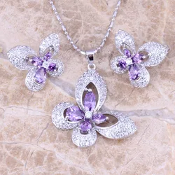 Shiny Butterfly Purple Cubic Zirconia White CZ Silver Plated Earrings Pendant Necklace Fashion Jewelry Sets S0730