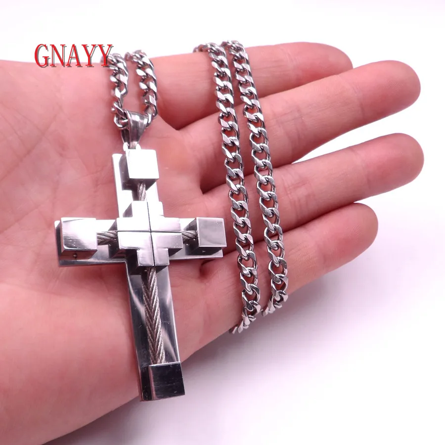 GNAYY Jewelry Religious Stainless Steel Large steel wire Cross Charms Pendant Necklace  chain 18''-32''for women men Boys