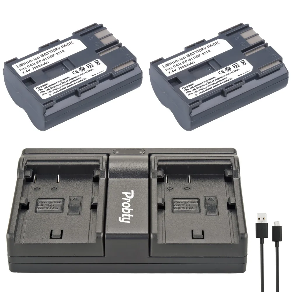 

PROBTY 2pcs BP-511 BP511a Camera Battery + USB Dual Charger For Canon 50D 40D 30D D60 5D 10D 20D 20Da G1 G2 G3 G5 G6 PM067