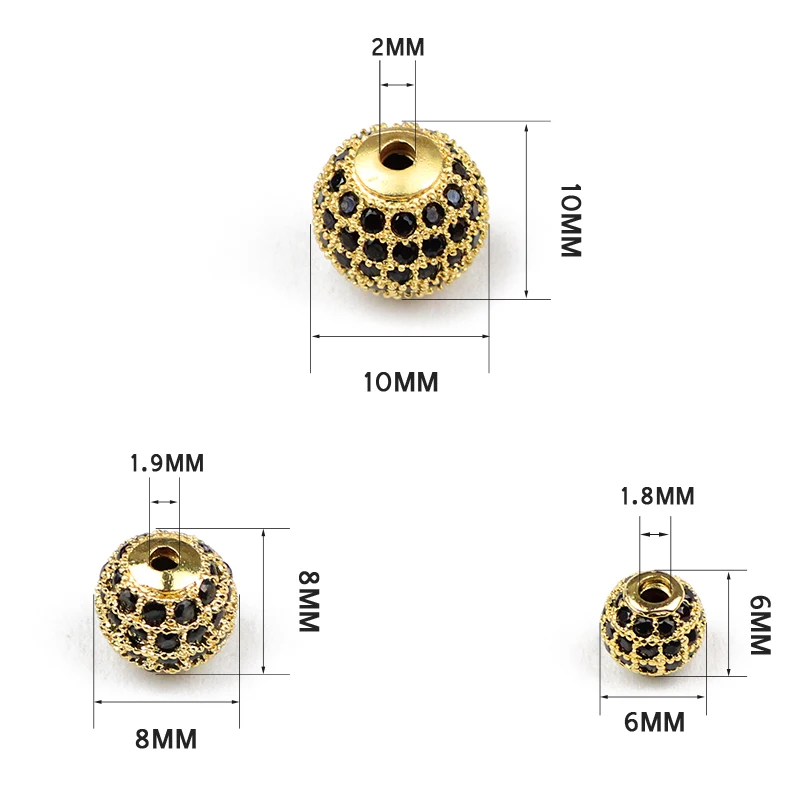 JHNBY Black Zircon Copper Spacer Beads Ball 4pcs 6/8/10mm Round Pave CZ Crystal Loose Beads Jewelry Bracelet Making DIY Findings