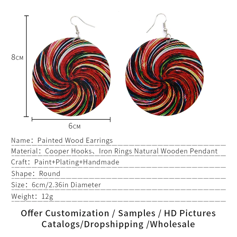 SOMESOOR Printing Lollipop Bohemian Wooden Drop Earrings 6cm Flat Round African Wood Pendant Ear Jewelry For Women Girl Gifts