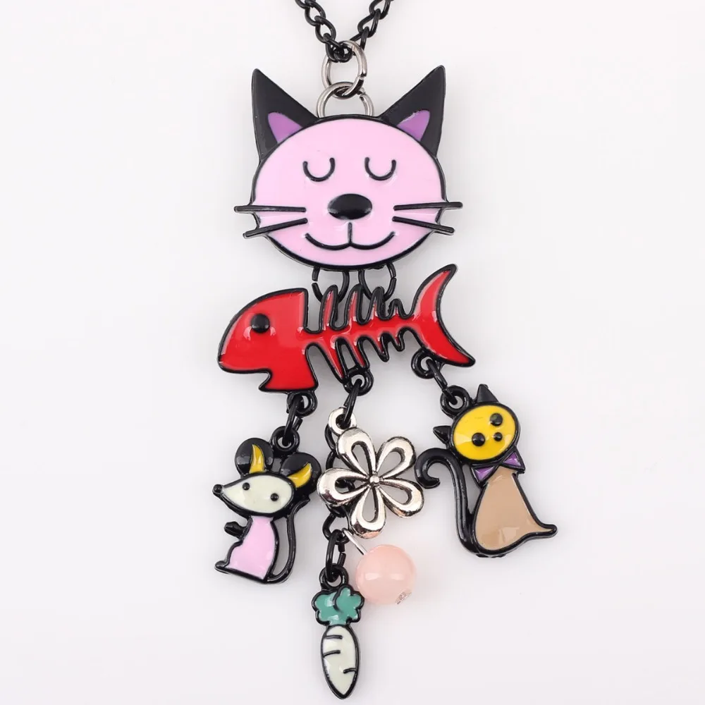 Bonsny Long Chain 2016 Colorful  French Cat Necklace Enamel Pendant Fish Alloy Charm Brand Jewelry For Women Girl  New Animal