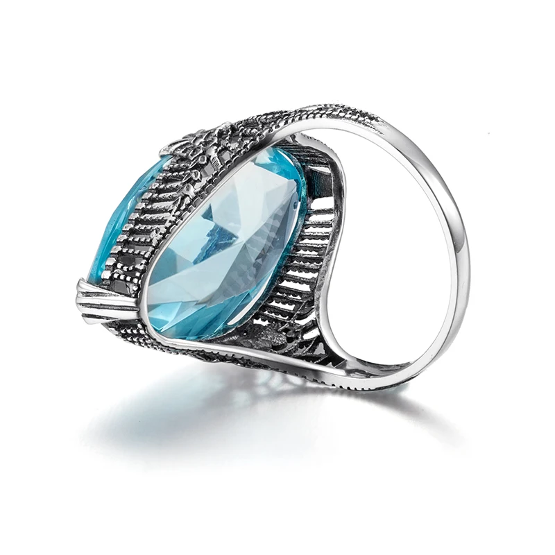 Königliche Vintage-Edelsteinringe, großer ovaler himmelblauer Aquamarin, echter 925er Sterlingsilber-Cocktailring für Damenparty – Detail 9