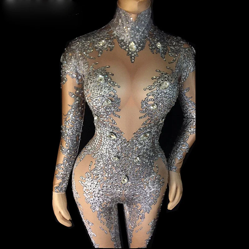 

nightclub Gray Pattern Printed Nude Jumpsuit Women's Big Stones Skinny Outfit Female Singer Outfit bar costumes party favors