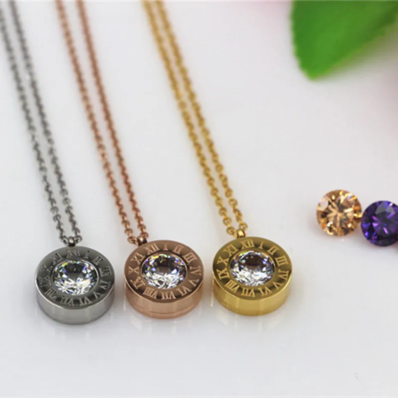 Stainless Steel 4 Color Crystals Stone Interchangeable Roman Numerals Pendant Necklace For Women Jewelry Couple necklaces K0036