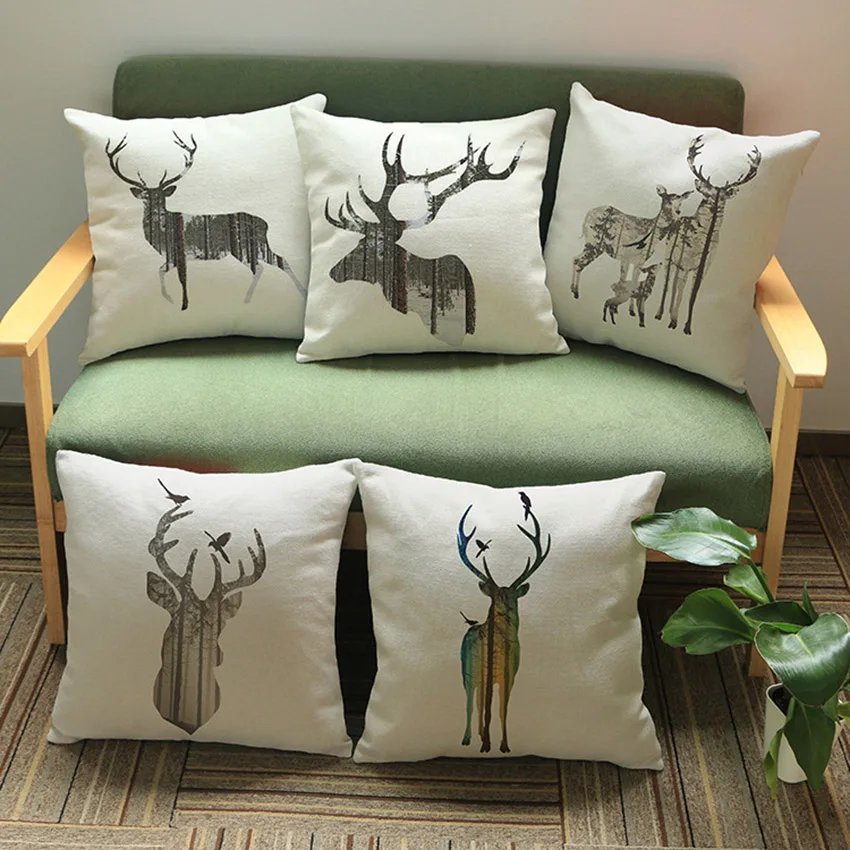 Christmas Reindeer Head Home Decorative Sofa Throw Pillow Couch Cushion Cover Cream Color Linen Deer Animal Print Pillow Cover