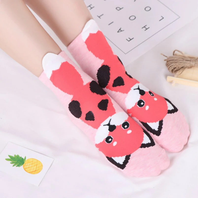 Peonfly otoño de moda mujer algodon para niña cortas divertidos algodón mujeres calcetines largos cortos de dibujos animados de animales oreja impresion Funny Cat Fox ardilla hembra calcetines medias patron casual