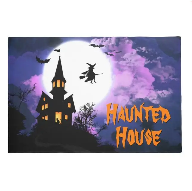 New Novelty Funny Haunted House Door Mat Happy Halloween Welcome Doormats Flying Witch Bats Full Moon Scary Decor Halloween Gift