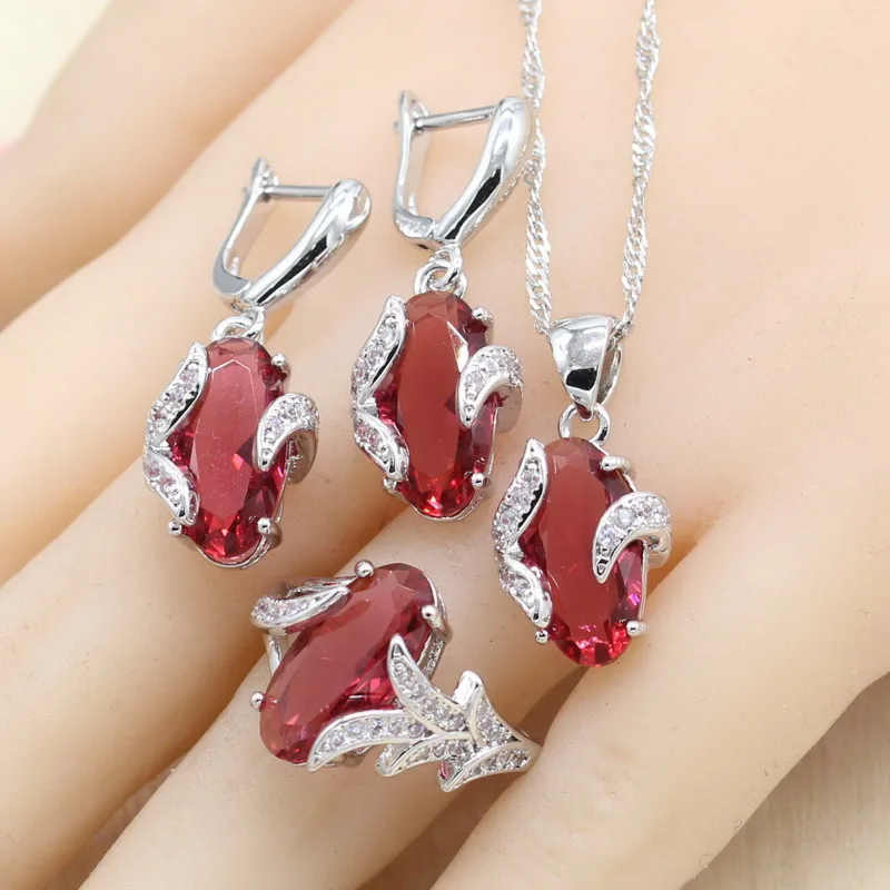 Silver Color Jewelry Sets For Women Red Stones Necklace Pendant Earrings Ring Bracelet Wedding  Birthday Gift