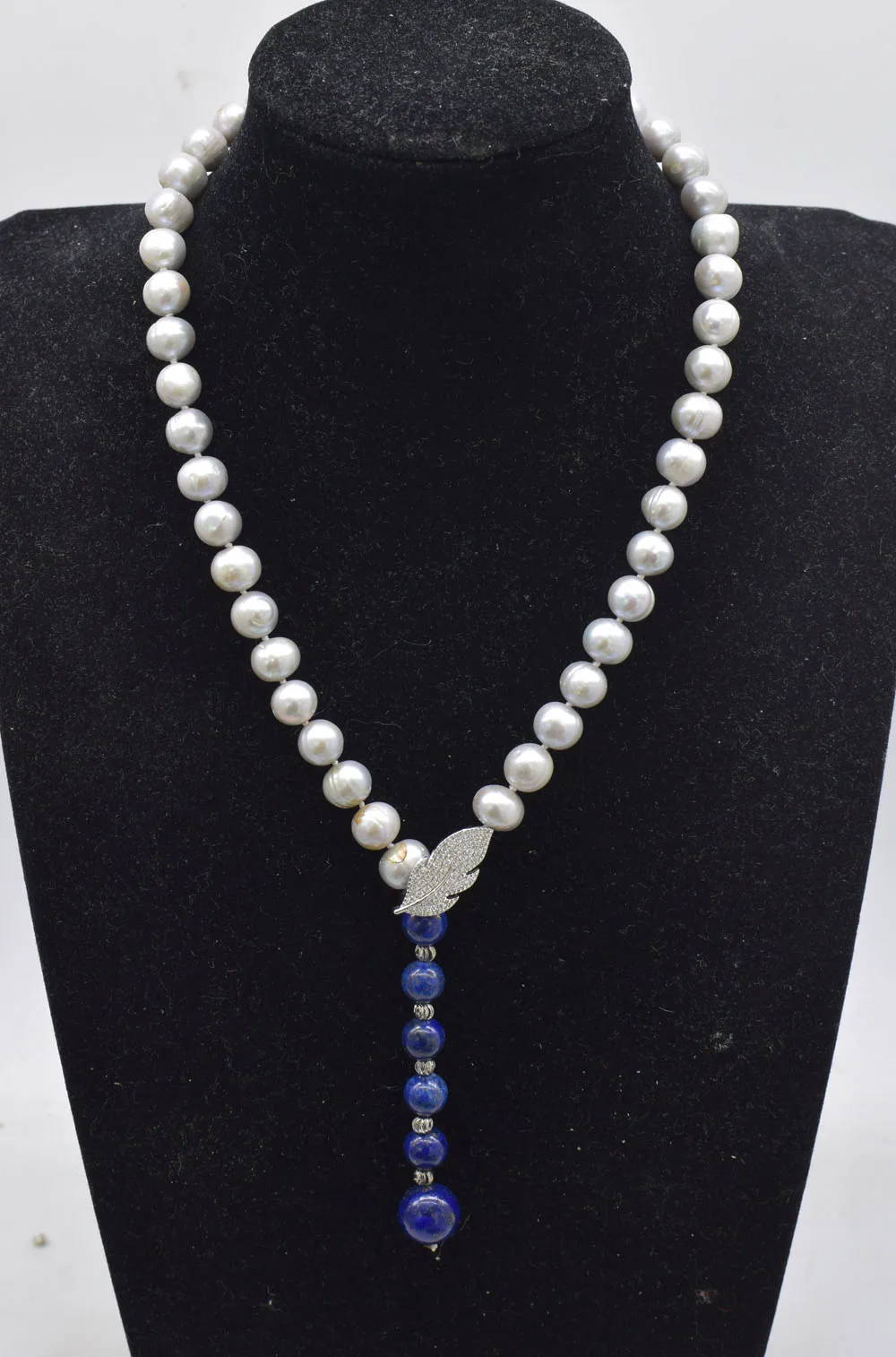 wholesale  freshwater pearl  gray  near round 9-10mm blue lapis  necklace 20inch  FPPJ nature beads reborn keshi drop