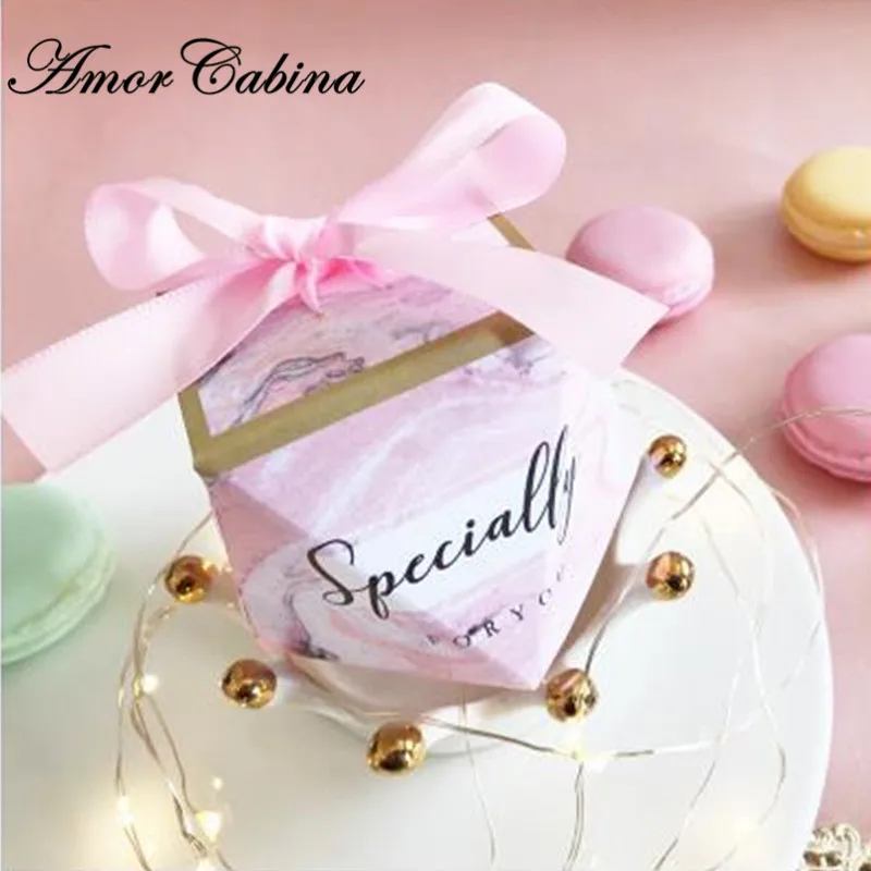 50pcs Diamond Shape Pink Marble Fresh Sweet Candy Box Romantic Wedding Like Gift Box Birthday Christmas Party Chocolate Bag