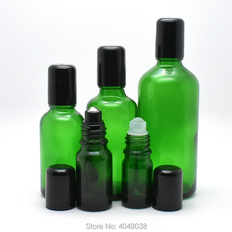 Green Glass Perfume Bottle Glass Bead/Metal Bead Essential oil Roll on Stainless Ball Cosmetic Roller Bottle 5ml-100ml 10pcs/Lot