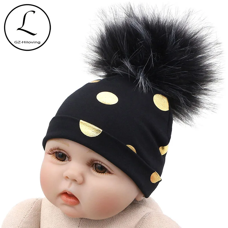 GZHilovingL 2018 Brand Newborn Kids Baby Boys Girls Warm Winter Spotted Cotton Beanie Fur Pom Pom Bobble Hat Cap Winter Warm Hat