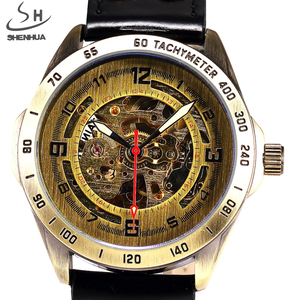 

SHENHUA Antique Automatic Skeleton Mechanical Watch Men Bronze Steampunk Retro Leather Sport Wrist Watches Relogio Masculino