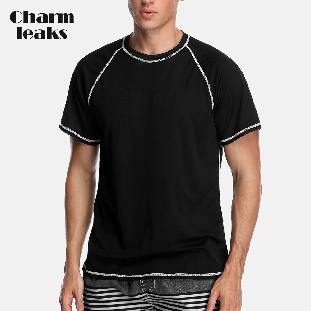 Charmleaks Men Rashguard Dry-Fit Short Sleeve Shirts Loose Fit Running Shirt Hiking Rash Guard Top UPF 50+ Breathable Beach Wear