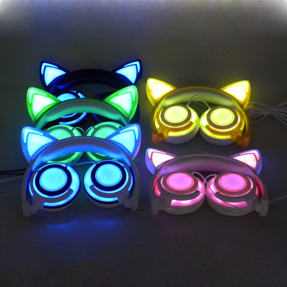 JINSERTA-Auriculares con orejas de gato para adultos y niños, cascos con luces LED, brillantes y parpadeantes, para juegos, 2020