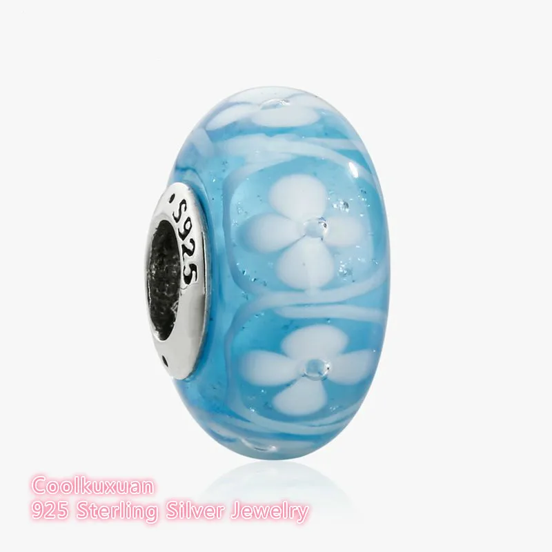 

Spring Blue Field of Flower Murano Glass Charm 925 Sterling Silver Glass Beads Fits Brand Bracelets Diy Jewelry Making