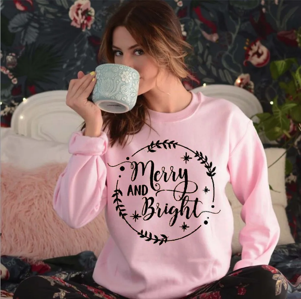 

Skuggnas Merry and bright Long sleeve Sweatshirt women fashion rosa feminina graphic Pink Jumper Christmas pullover Drop ship