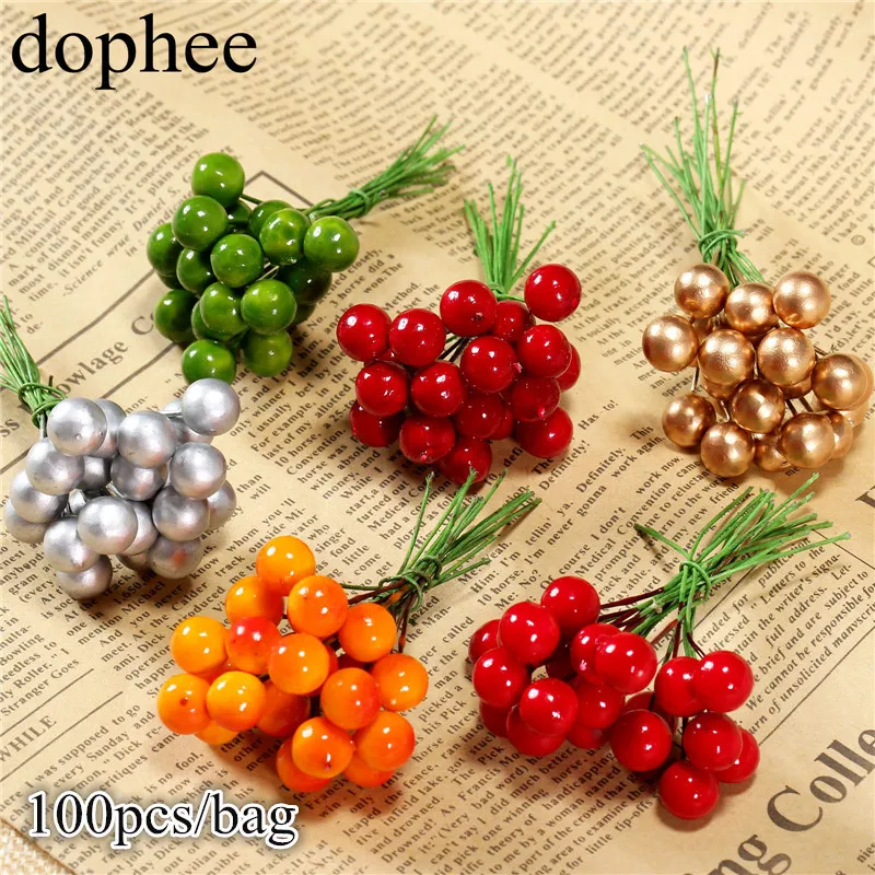 dohee 100pcs Artificial Holly Berries Vivid Red Holly Berry Berries Home Garland Christmas Dec New Beautiful 6 colors