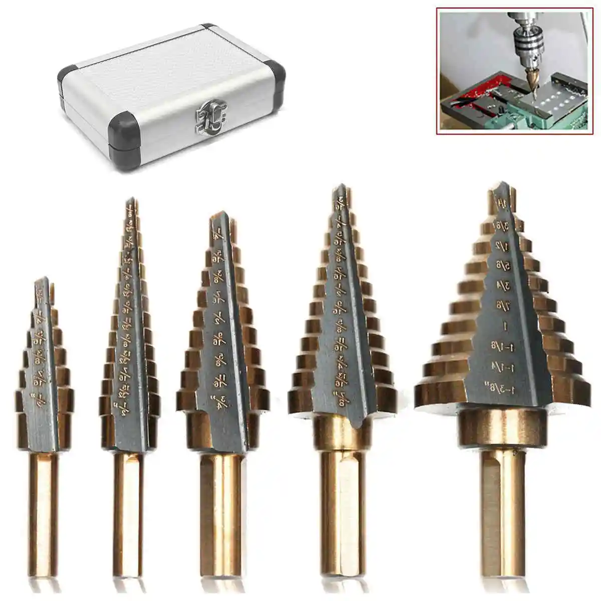 5pcs HSS Large Cobalt Hole Titanium Cone Step Drill Bit Cutter Set Tools w/ Case