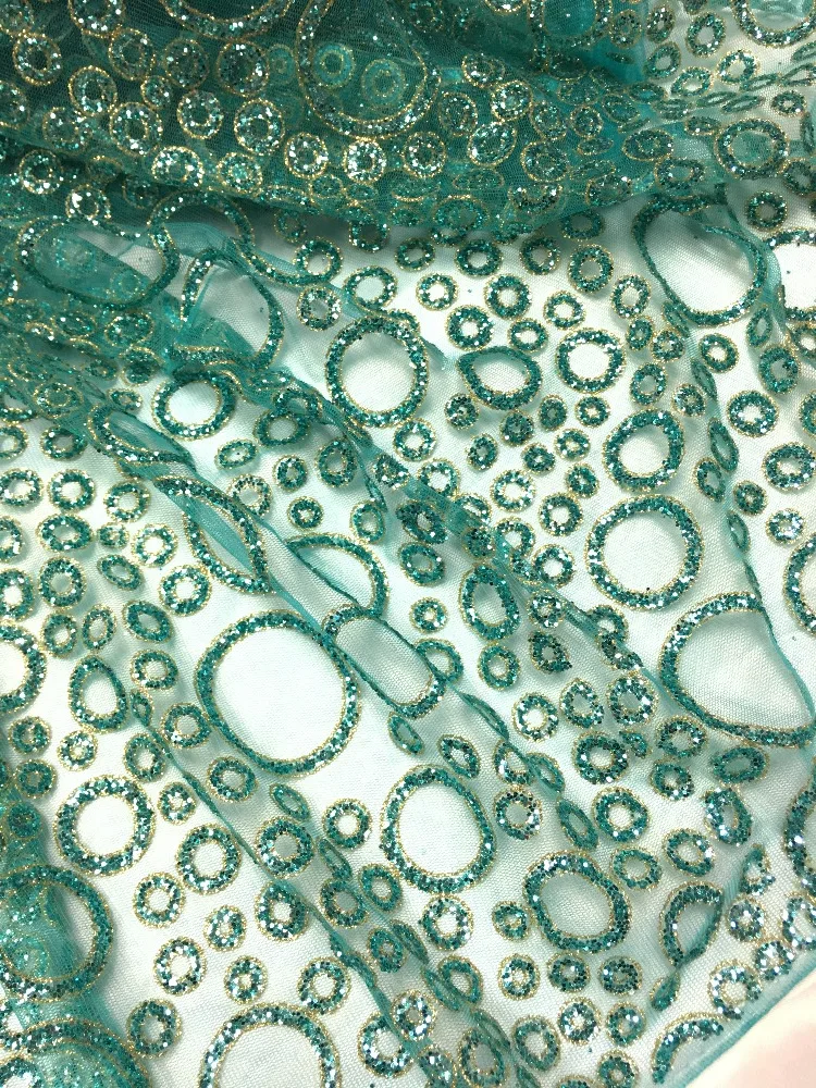 

Golden edge Green color luxury mesh tulle hand print glitter lace fabric for wedding/evening dress/party,