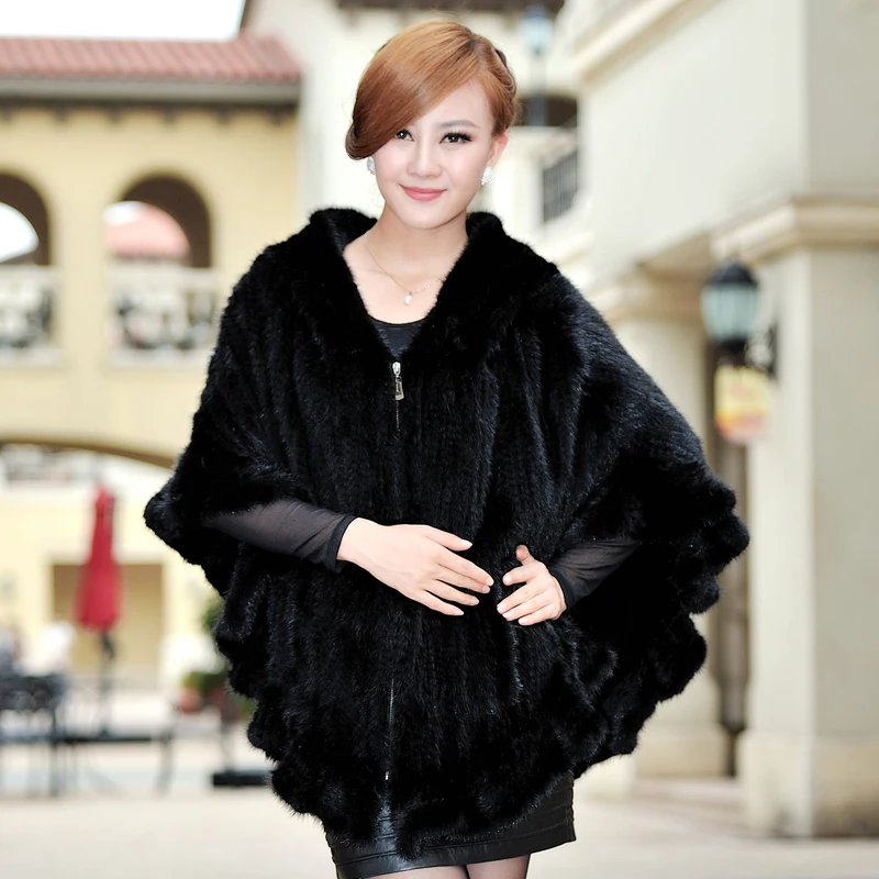 

Luxury Winter Women's Genuine Natural Knitted Mink Fur Stole with Hoody Ruffle Hem Lady Warm Shawl Wrap VF0322
