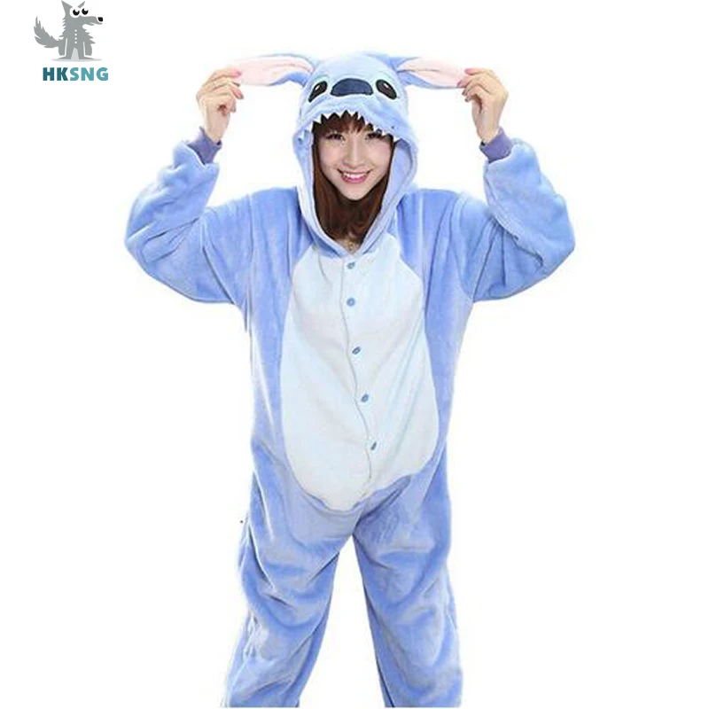 HKSNG unisex 동물 성인 블루 핑크 스티치 onesie kigurumi 잠옷 고품질 플란넬 만화 가족 파티 의상 복장