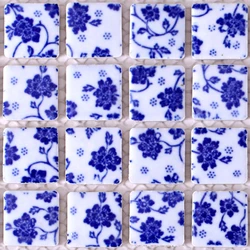 25mm Ceramic blue and white porcelain flower design mosaic tile ,DIY bathroom wall floor pool kitchen backsplash, mesh mounted