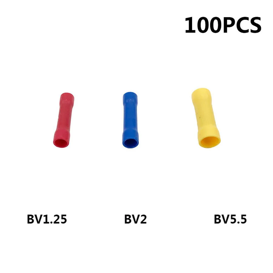 

Insulated Butt Wire Connector 100pcs BV1.25/2/5.5 Electrical Crimp Terminals Block Premium Solderless Brass Red Blue Yellow AWG