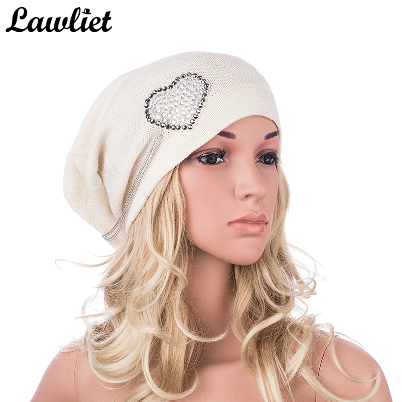 Lawliet Winter  Women's Hat Cashmere Heart Rhinestone Beanies Street Cap Brand Knitted Crochet Slouch Bonnet Baggy Skull A398