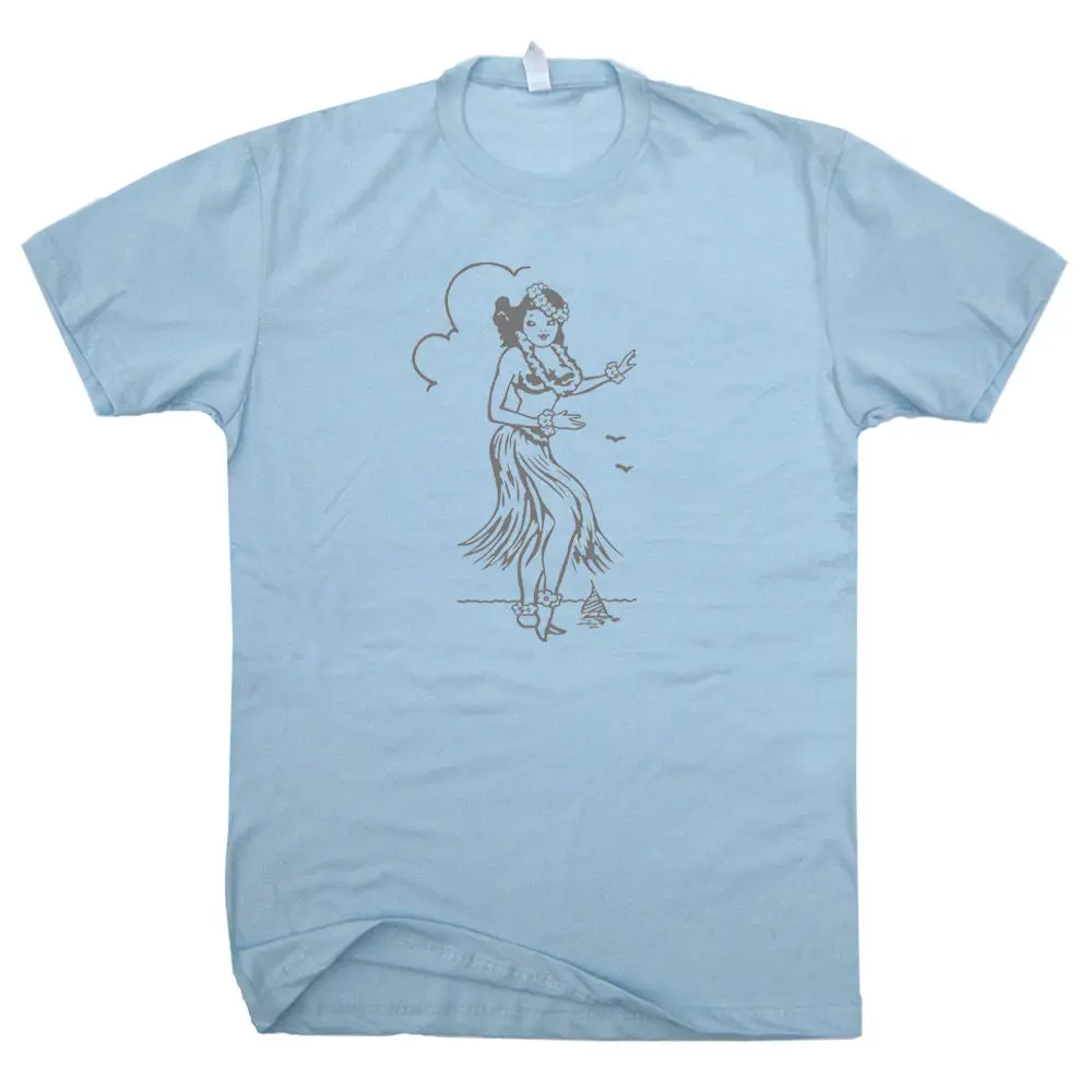 Topy fajna koszulka Hula dziewczyna T koszula hawaje Tee Vintage Retro granatowy Surfer żaglówka Tiki Bar O-Neck Tshirt Homme