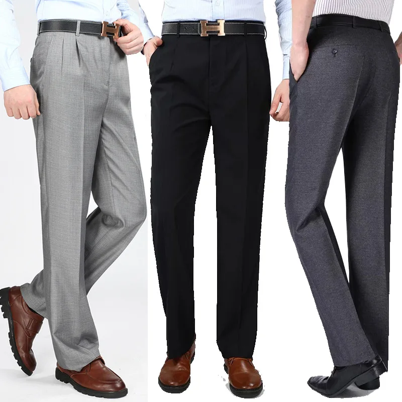 New Summer Thin Pleated Smooth Men Trousers High Waist Loose Business Casual Men's Suit Pants Fold Anti Wrinkle Dress Trousers