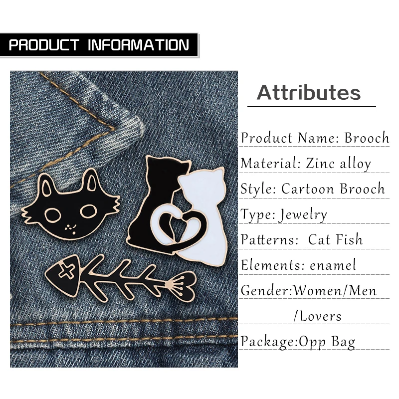shshd Cartoon Black White Cat Fish Bone Brooch Animal Enamel Pins for Women Men Shirts Lapel Pin Badge Couple Jewelry Lover Gift