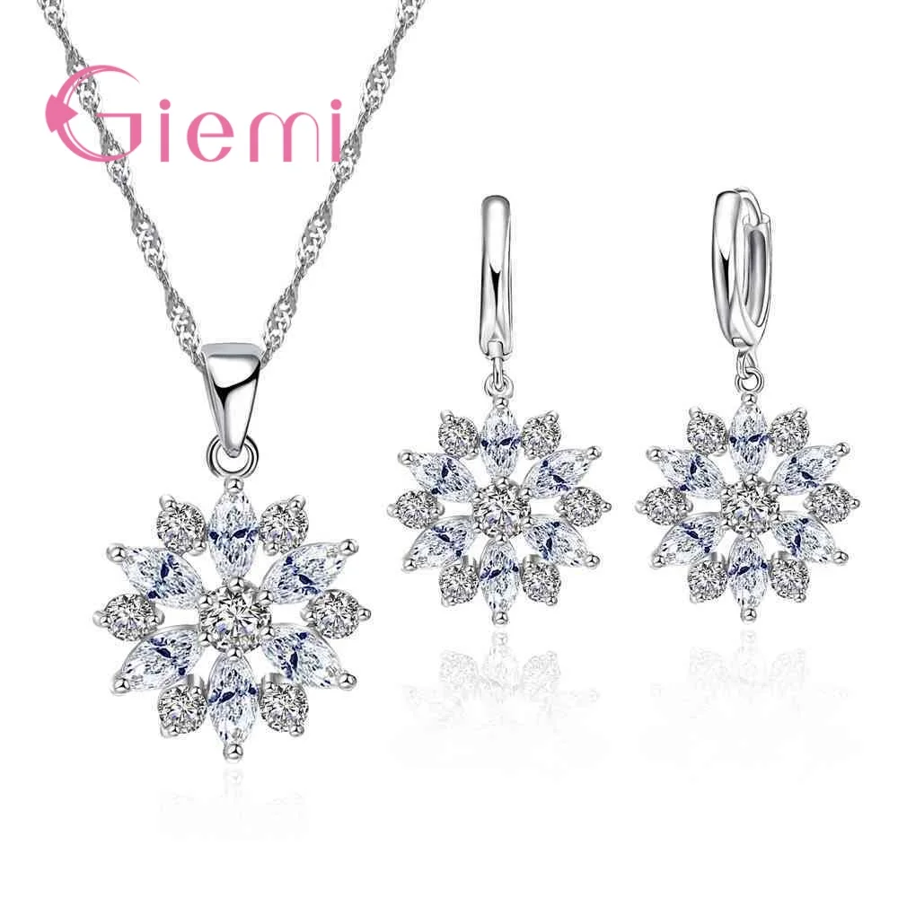 Trendy 925 Sterling Silver Jewelry Set for Women Flower CZ Stone Charm Pendants Necklaces Earrings Anniversary Gift