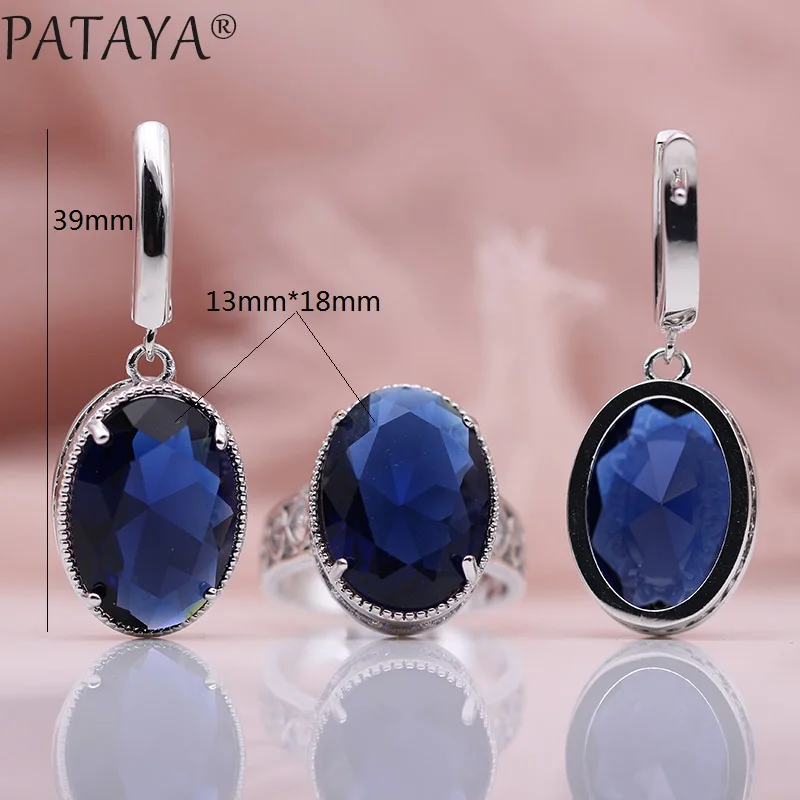 PATAYA New Women Wedding Party Noble Hollow Jewelry Sets White Gold Oval AB Color Natural Zircon Fine Dangle Earrings Rings Set