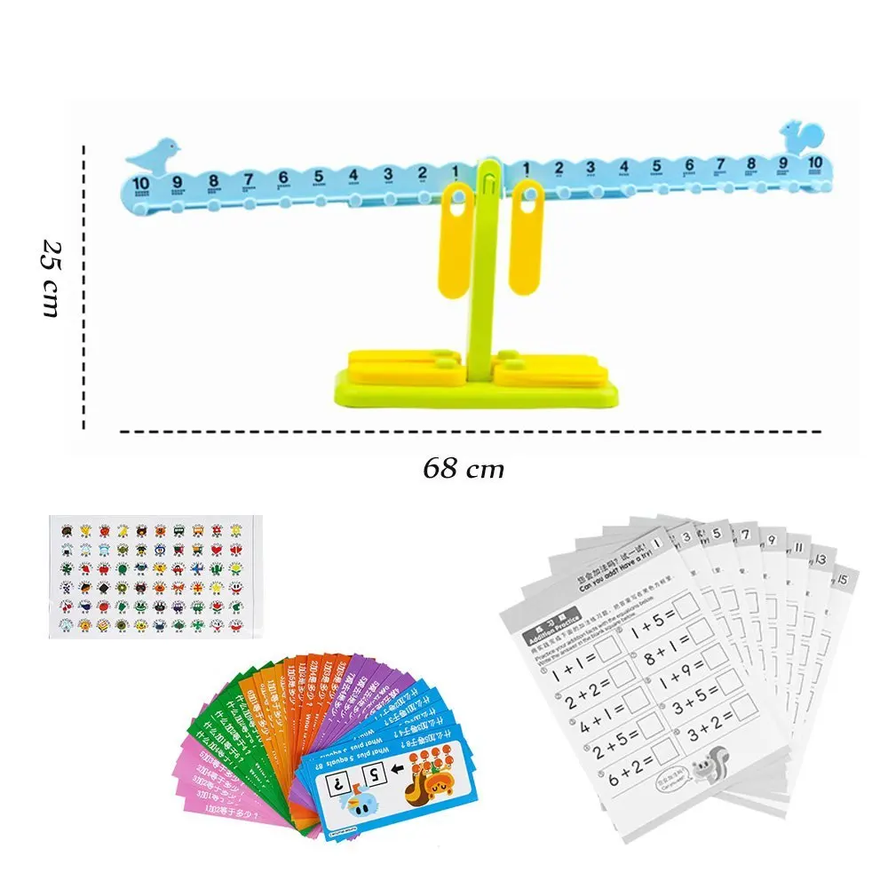 EBOYU 0085 T-Shaped Math Number Balance Scale, 20 10G Weights, with Learning Book, Learning Cards, Test Paper