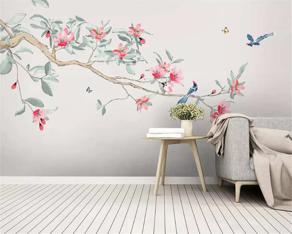 

beibehang Custom size wall papers home decor new Chinese hand-painted flowers and birds pen plum decoration painting wallpaper